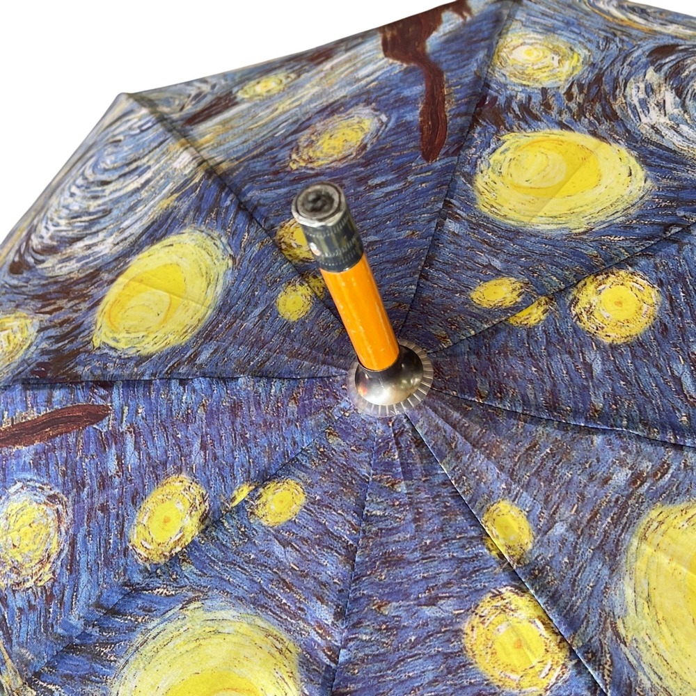 Van Gogh The Starry Night Art Print Umbrella Curved Wood Handle Blue Yellow - Picture 3 of 9